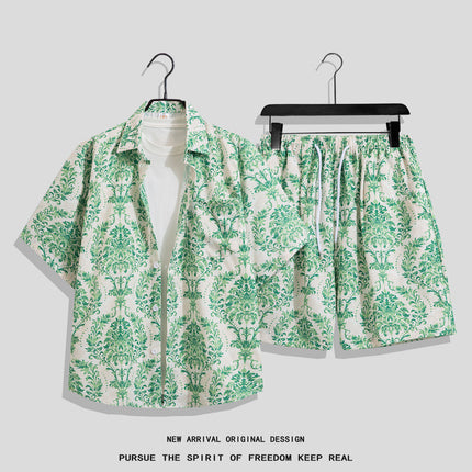 Men's Ins Summer Loose Short-Sleeved Shorts Suit Trendy and Handsome Beach Floral Couple Clothes Hawaiian Style Shirt