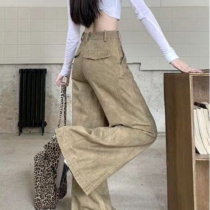 Petite Design American-Style Dark Khaki Retro High-Waisted Women's Wide-Leg Loose Slimming Straight-Leg Floor-Length Jeans