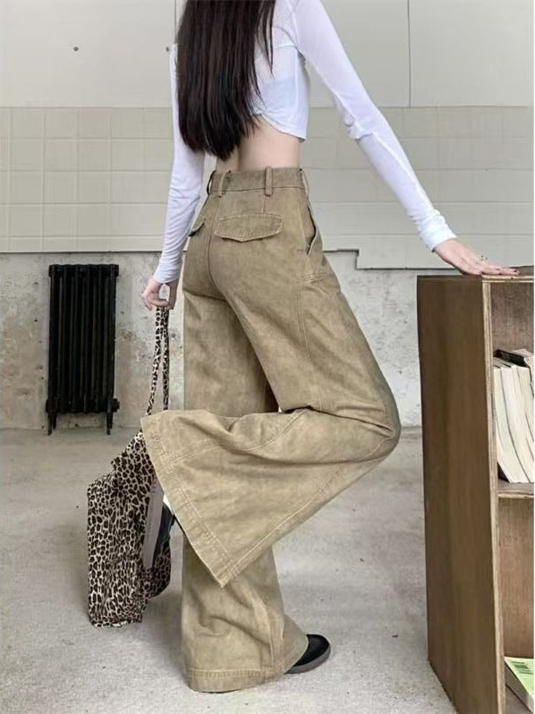 Petite Design American-Style Dark Khaki Retro High-Waisted Women's Wide-Leg Loose Slimming Straight-Leg Floor-Length Jeans