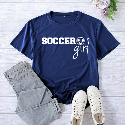 Amazon cross-border foreign trade soccer girl printed women's round neck top T-shirt summer casual European size plus size