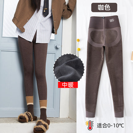Autumn and Winter New Cotton Hip-Lifting Pants Slimming Korean Version Fleece-Lined Leggings for Women, High-Waisted Tummy Control Warm Cotton Pants