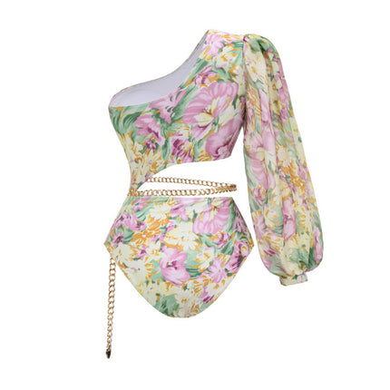 Long-sleeved Single-shoulder Hollow-out Floral Vacation One-piece Swimsuit suit Women's 2024 Beach Vacation Swimsuit New Arrival