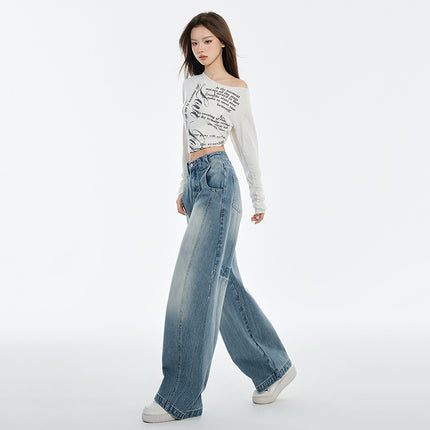 American Scimitar Jeans for Women, Autumn New Design, Retro Loose Slimming Lazy Style Floor-Length Wide-Leg Pants