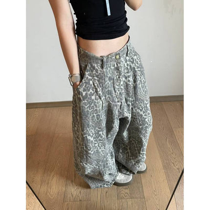 American Retro Loose Bf Lazy Style Leopard Print Jeans for Women, Trendy Distressed Floor-Length Pants