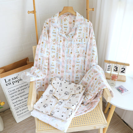 New Bear Brushed Long-Sleeved Trousers Pajamas Set for Women All Seasons Cartoon Loose Breathable Can Be Worn Outside Home Clothes