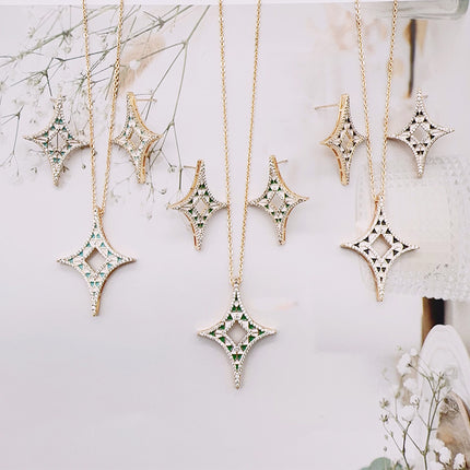 Manufacturer Supplies Niche Fashion Versatile Pendant Earrings with Hollow Four-Pointed Star Design, Made of Light Luxury Brass and Zircon