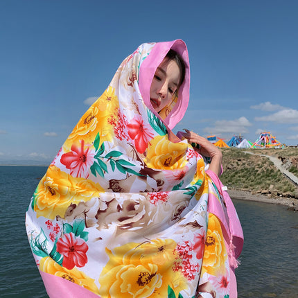 Ethnic Style Printed Silk Scarf Women's Seaside Travel Sun Protection Gauze Air Conditioning Warm Scarf Versatile Long Shawl