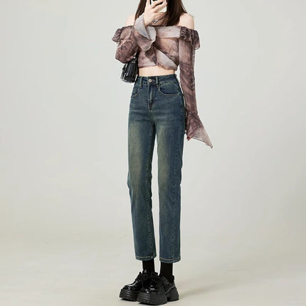 Cement Grey Straight High Waist Jeans Women's Trendy All-match New Style Simple Retro Slim Fit Slimming French Stick Pipe Pants