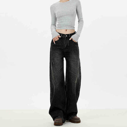 Vintage Washed Black Wide-Leg Jeans for Women 2025 Autumn Loose Design Slimming Straight Floor-Length Pants