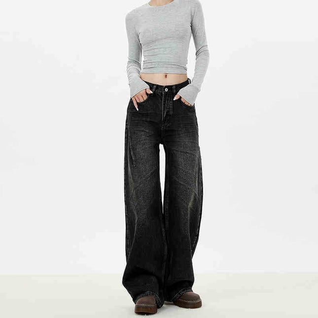 Vintage Washed Black Wide-Leg Jeans for Women 2025 Autumn Loose Design Slimming Straight Floor-Length Pants