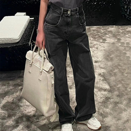 European and American Magila MM Same Style High Waist Wide Leg Knife Cut Hole Fashionable Loose Straight Jeans Women's Black Grey