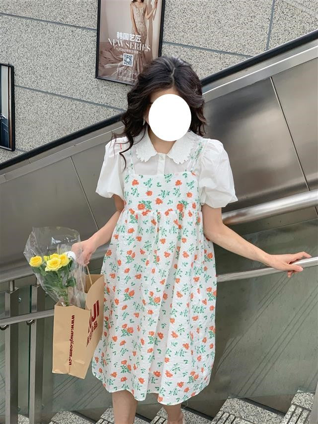 Suit for Women Summer Korean Style Puff Sleeve Shirt + Double Shoulder Strap Floral Skirt Energetic Girl Doll Suspender Skirt Two-Piece Set