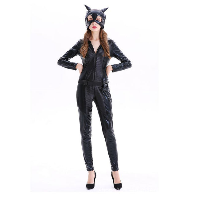 One-Piece Catwoman Halloween Party Patent Leather Catwoman Nightclub Cosplay Costume Black Tight Game Suit