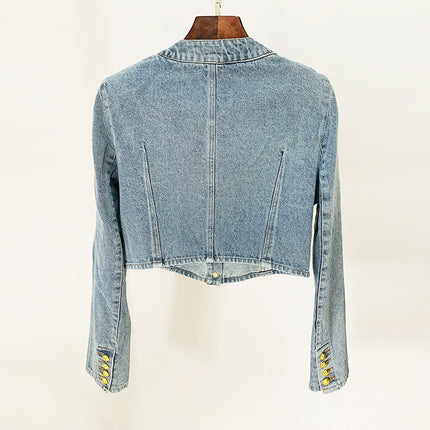 In Stock 2026 European and American Celebrity Style New Round-Neck Lion Buckle Ultra-Short Washed Denim Jacket