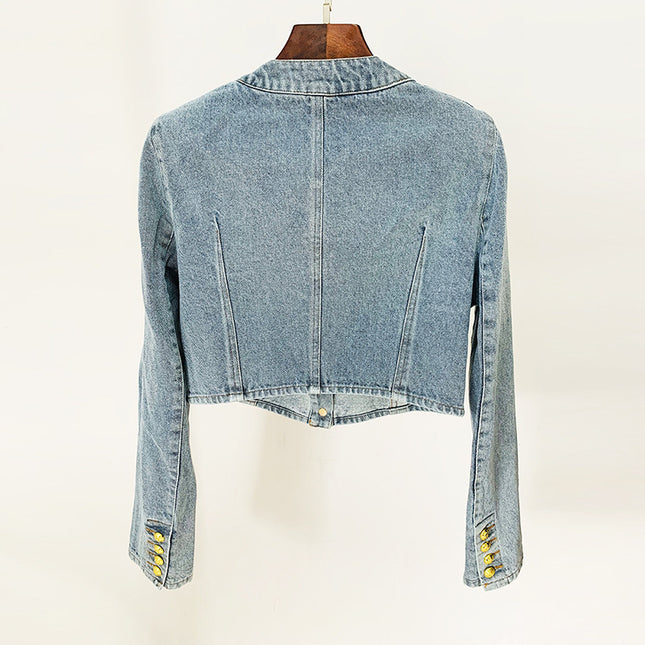 In Stock 2026 European and American Celebrity Style New Round-Neck Lion Buckle Ultra-Short Washed Denim Jacket