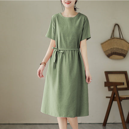 2024 Summer new Korean style organ pleated solid color round neck short sleeve midi dress women's loose slimming cotton and linen dress