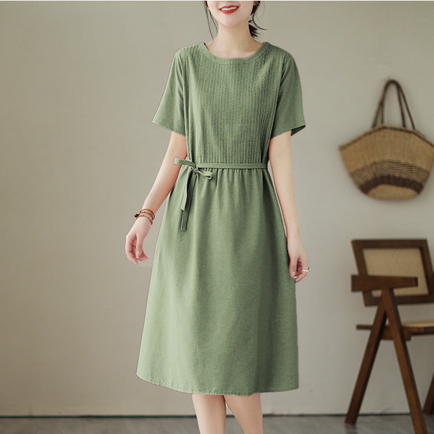 2024 Summer new Korean style organ pleated solid color round neck short sleeve midi dress women's loose slimming cotton and linen dress