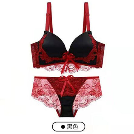 Red Embroidered Lace Sexy Wireless Bra Set for Women, Comfortable Push-Up and Side Support Bra Set