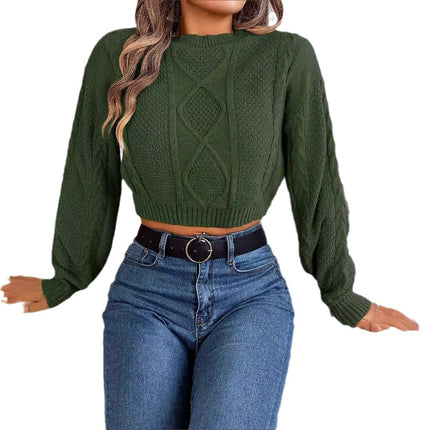 Real Shot of 2025 Autumn and Winter Casual Solid Color Cable Knit Long-Sleeve Pullover Crop Sweater, Independent Cross-Border European and American Women's Fashion