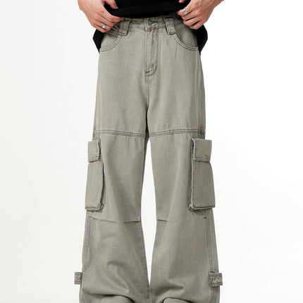 11Kn American Distressed Gray Cargo Pants for Men and Women, Stereo Tailoring, Multi-Flap Pocket Pants, Loose Slimming Look Wide-Leg Straight Pants