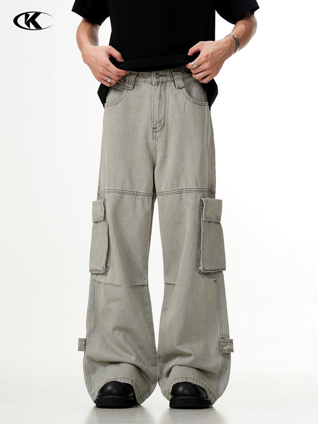 11Kn American Distressed Gray Cargo Pants for Men and Women, Stereo Tailoring, Multi-Flap Pocket Pants, Loose Slimming Look Wide-Leg Straight Pants