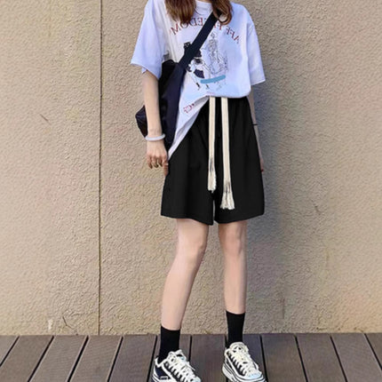 Black Sports Shorts for Women, Summer Thin High-Waisted Casual Straight Mid-Length Loose Wide-Leg Cool Five-Point Shorts