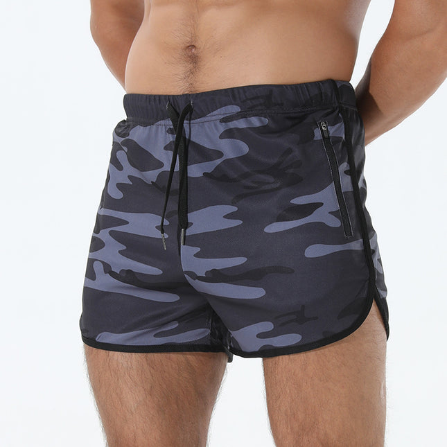 Crazy Muscle Men's Running Three-point Shorts Fitness Quick-drying Workout Zipper Pocket Bird-eye Shorts Cross-border Large Size