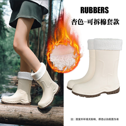 Korean and Japanese Cross-Border Women's Mid-Calf Outdoor Non-Slip Water Shoes, Thick-Soled Water Boots, Fleece-Lined Rubber Shoes, Rain Boots, Waterproof