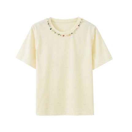 Summer New Style Solona Short-Sleeved Women's Top with Beaded Design, Fashionable and Stylish Casual Outerwear Commuting T-Shirt