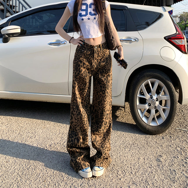 【25Ss】Relaxing Moment｜Lazy Vacation｜Straight Street Japanese Style Brown Leopard Print Wide Leg Jeans