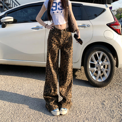 【25Ss】Relaxing Moment｜Lazy Vacation｜Straight Street Japanese Style Brown Leopard Print Wide Leg Jeans