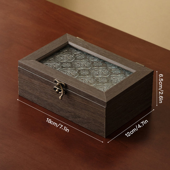 Begonia Flower Glass Storage Box Retro Wooden Desktop Debris Organizer Flip-Top Wooden Box Decoration Dressing Table Jewelry Box