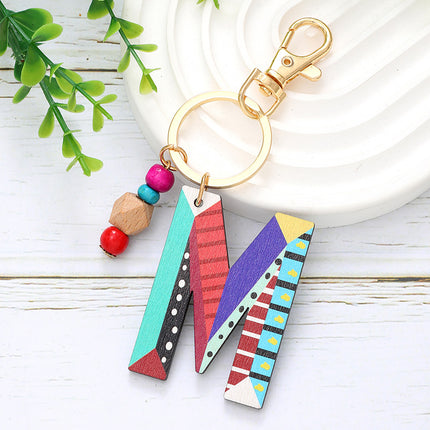 New Holiday Style Color Wooden Beads 26 Letter Keychain Key Chain Bag Hanging Accessories Cross-border Amazon