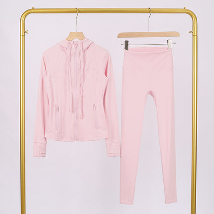 Lulu Df Stamped Hooded Jacket and Cropped Pants Set, Tight-Fitting Stretch Jacket with Gold Zipper, Fitness Yoga Outfit