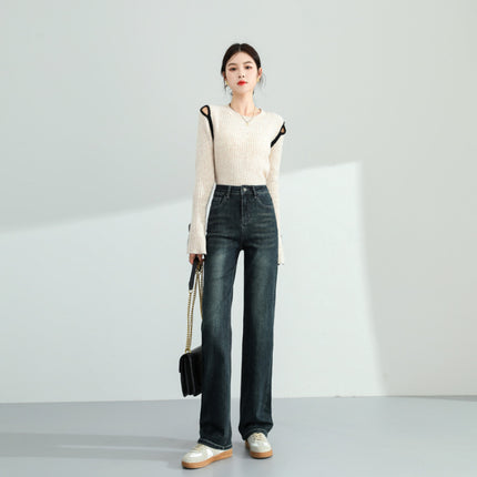 Real Shot of 2025 Autumn and Winter New Products Soft Texture Fabric Design High Waist Straight Jeans for Women