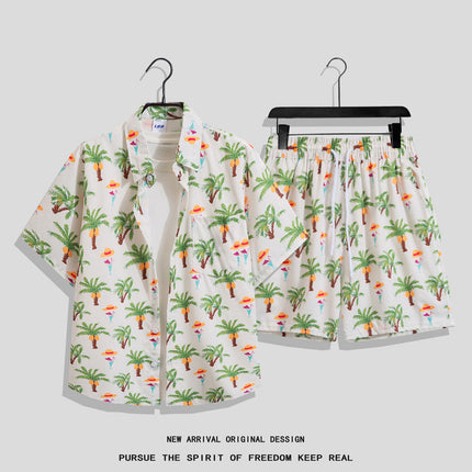 Men's Ins Summer Loose Short-Sleeved Shorts Suit Trendy and Handsome Beach Floral Couple Clothes Hawaiian Style Shirt