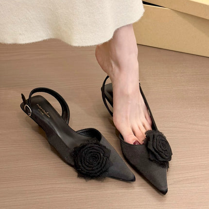 Fairy green roses! Gentle Satin Rose Puffed Head Empty Sandals Women's 2025 Spring and Summer New Style Thin Heeled Single-layer Shoes