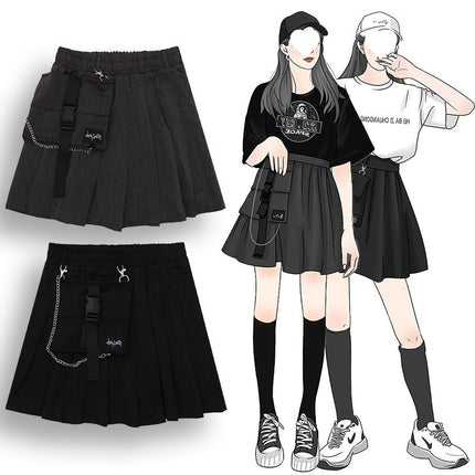 Harajuku Style Large Pocket Retro Workwear High-Waisted Pleated Skirt Half Skirt Short Skirt for Female Students A-Line