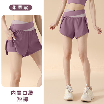 2026 Fake Two-Piece High-Waisted Hip-Lifting Sports Shorts for Women, Anti-Exposure Side Pockets, Loose Fit for Running, Fitness, and Yoga