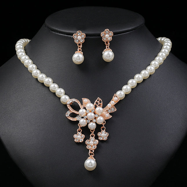 2022 New Fashion Pearl Flower Necklace Earrings Set European and American Cross-Border Hot Selling Women's Jewelry Alloy Plating