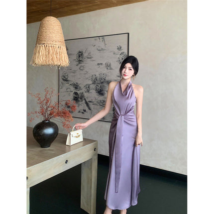 Foreign Trade Women's Clothing Real Shot Summer Elegant Light Purple Swing Collar Halter Design Satin Waist Irregular Two-Wear Straps