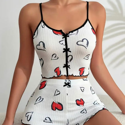 2024 Amazon AliExpress New Product Heart-shaped Printed Contrast Home Clothes Front Split Sling Pajamas suit