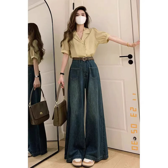 Pear-Shaped Figure Wide-Leg Jeans for Women, Autumn Plus-Size Retro High-Waisted Loose Slimming Straight Pants