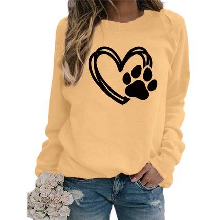 Cross-border Foreign Trade Supply Dog Feet Love Printed Round Neck Jacket Women's Long Sleeve European Size plus size Loose