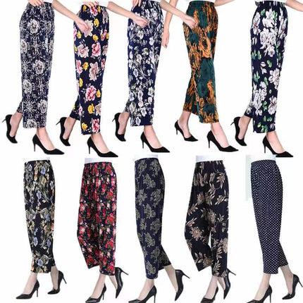 Foreign Trade Plus Size Middle-aged and Elderly Summer Thin Breathable Nine-point Flower Pants Mom Pants Ice Silk Loose Straight Pants