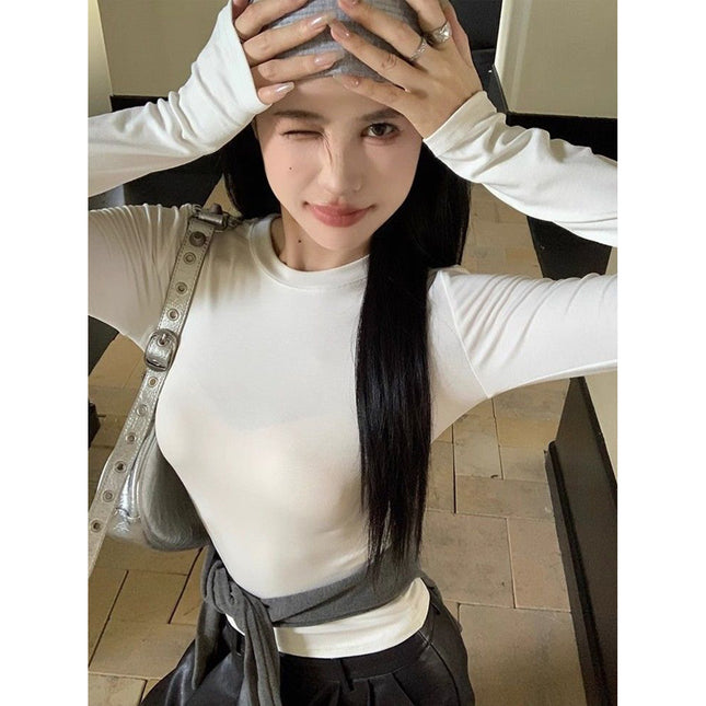 Black Long-Sleeve T-Shirt for Women, New Foreign Trade Style, Slim-Fit Versatile Base Shirt, Women's Versatile Trendy Waist-Cinching Top