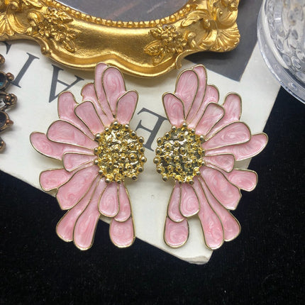 Artistic retro style earrings color enamel glaze chrysanthemum design silver pin earrings niche luxury earrings multi-color optional