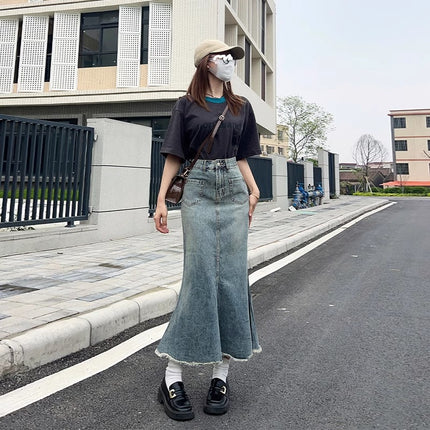 Hip Small Vintage Denim Fishtail Dress Women's Trendy All-match New High Waist Slimming Mid-length Hip Skirt