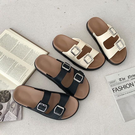 Double-strap Thick-soled Sandals and Slippers Women's New Flat-soled Shops with Square Buckle Korean Style Outer Wear All-match Roman Foreign Trade Beach Shoes