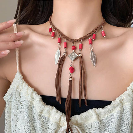 European and American Bohemian Retro Ethnic Style Clavicle Chain Turquoise Feather Tassel Winding Arm Chain Hand-woven Accessories